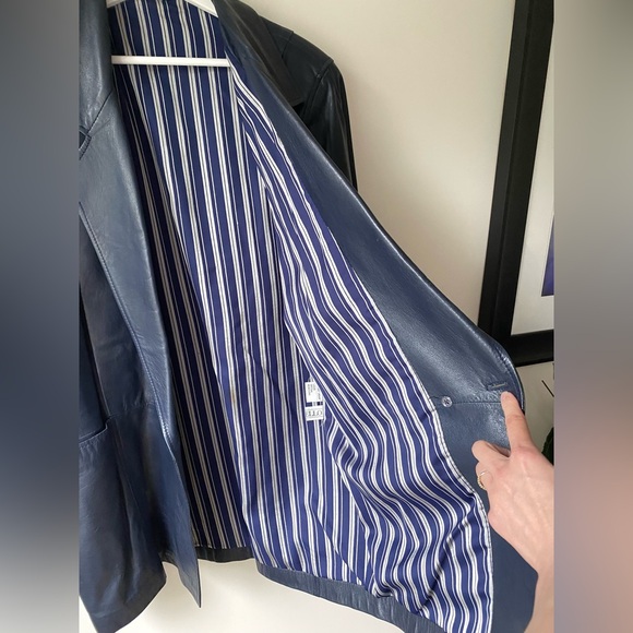 Leather navy blue blazer jacket - Picture 13 of 16